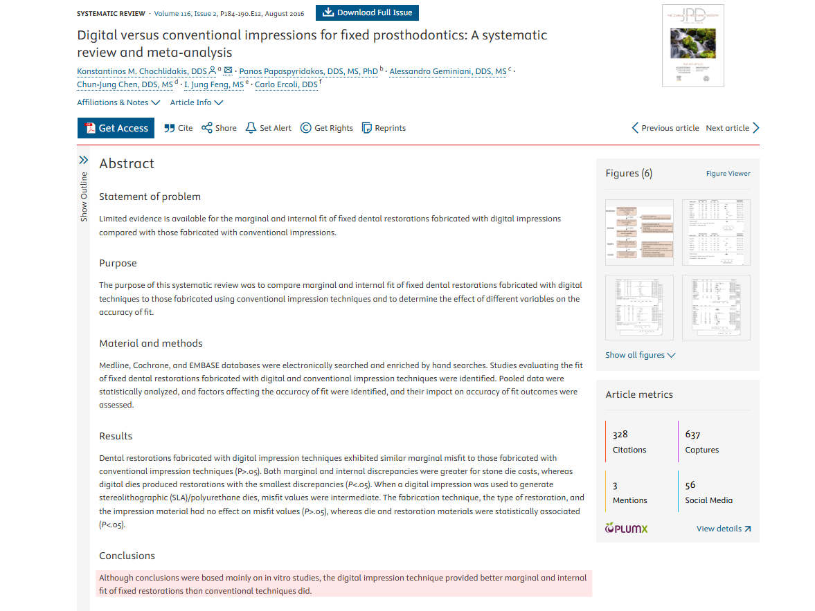 Chochlidakis K, Papaspyridakos P, Geminiani A ...
Digital versus conventional impressions for fixed prosthodontics: A systematic review and meta-analysis
The Journal of Prosthetic Dentistry, 2016; 116, 184-190.e12g